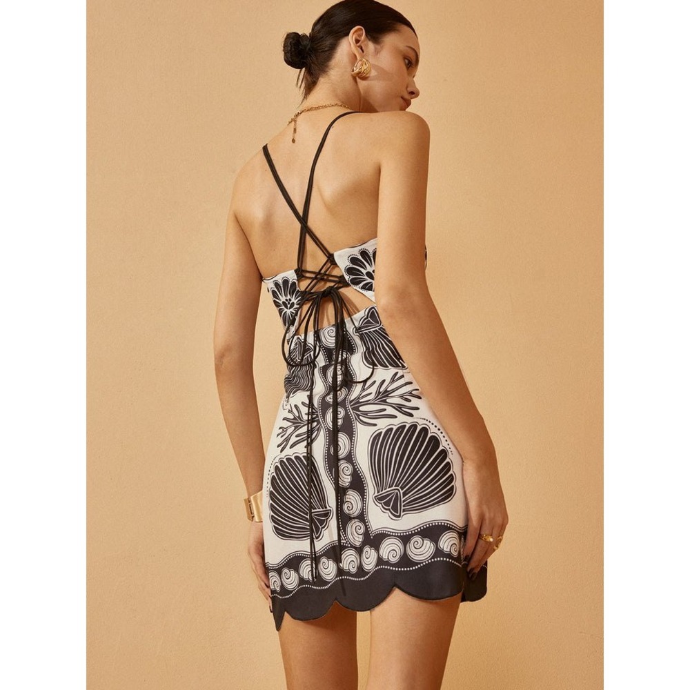 Commense Mini Dress Black White Print Sleeveless Lace‎ Up Back Women's Dress XS